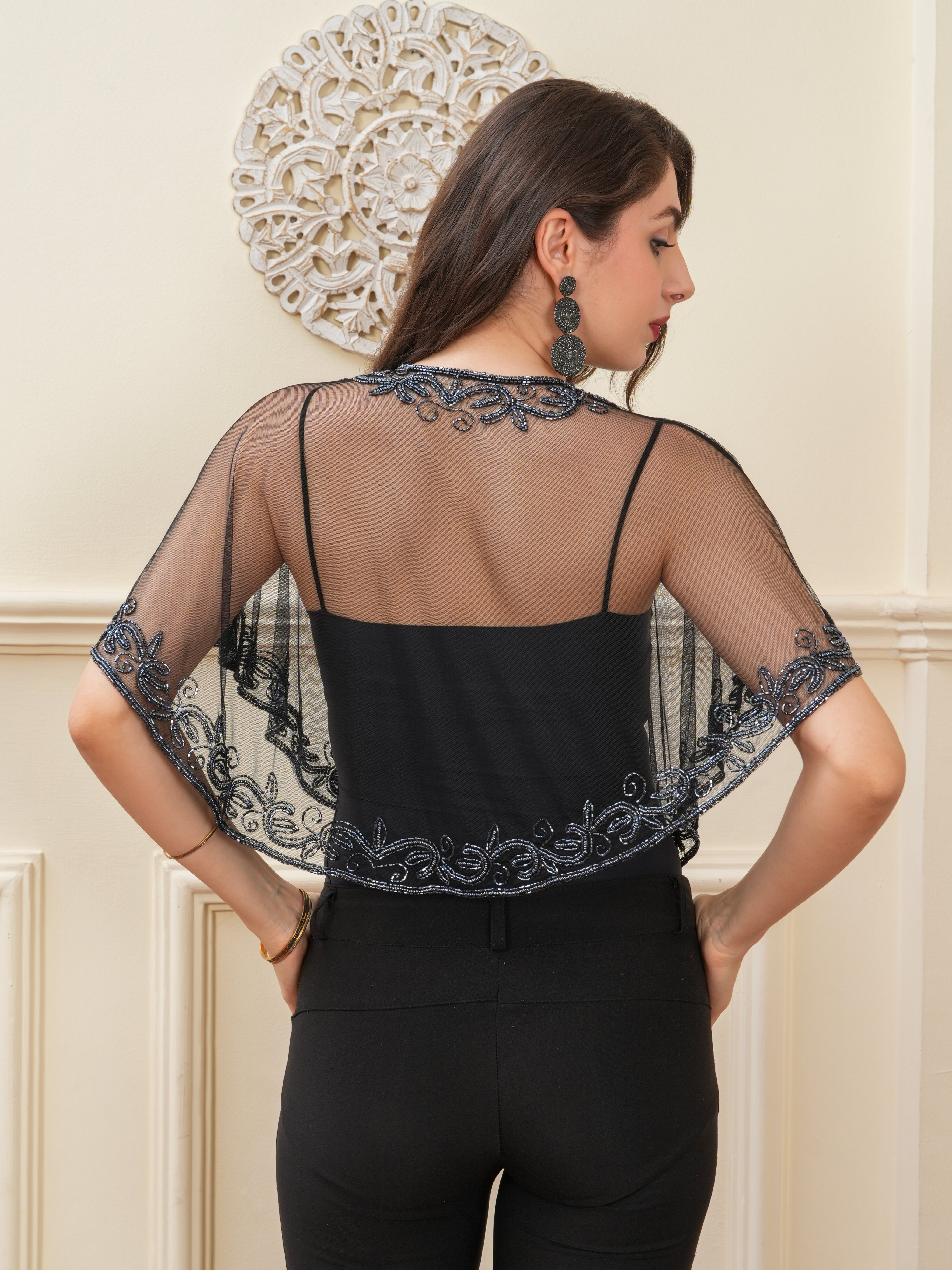 Black Embellished Gun Metal Work Shrug