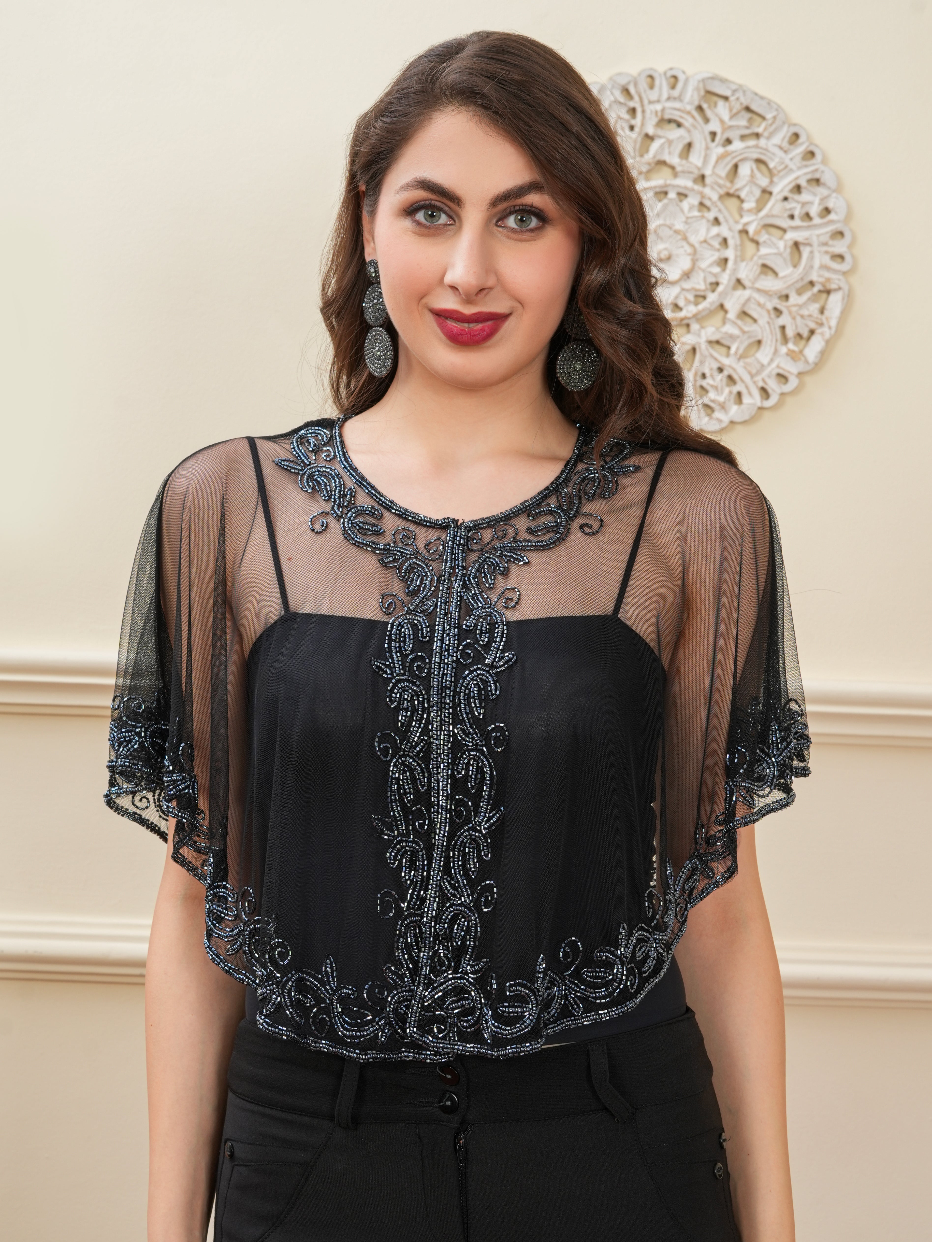 Black Embellished Gun Metal Work Shrug