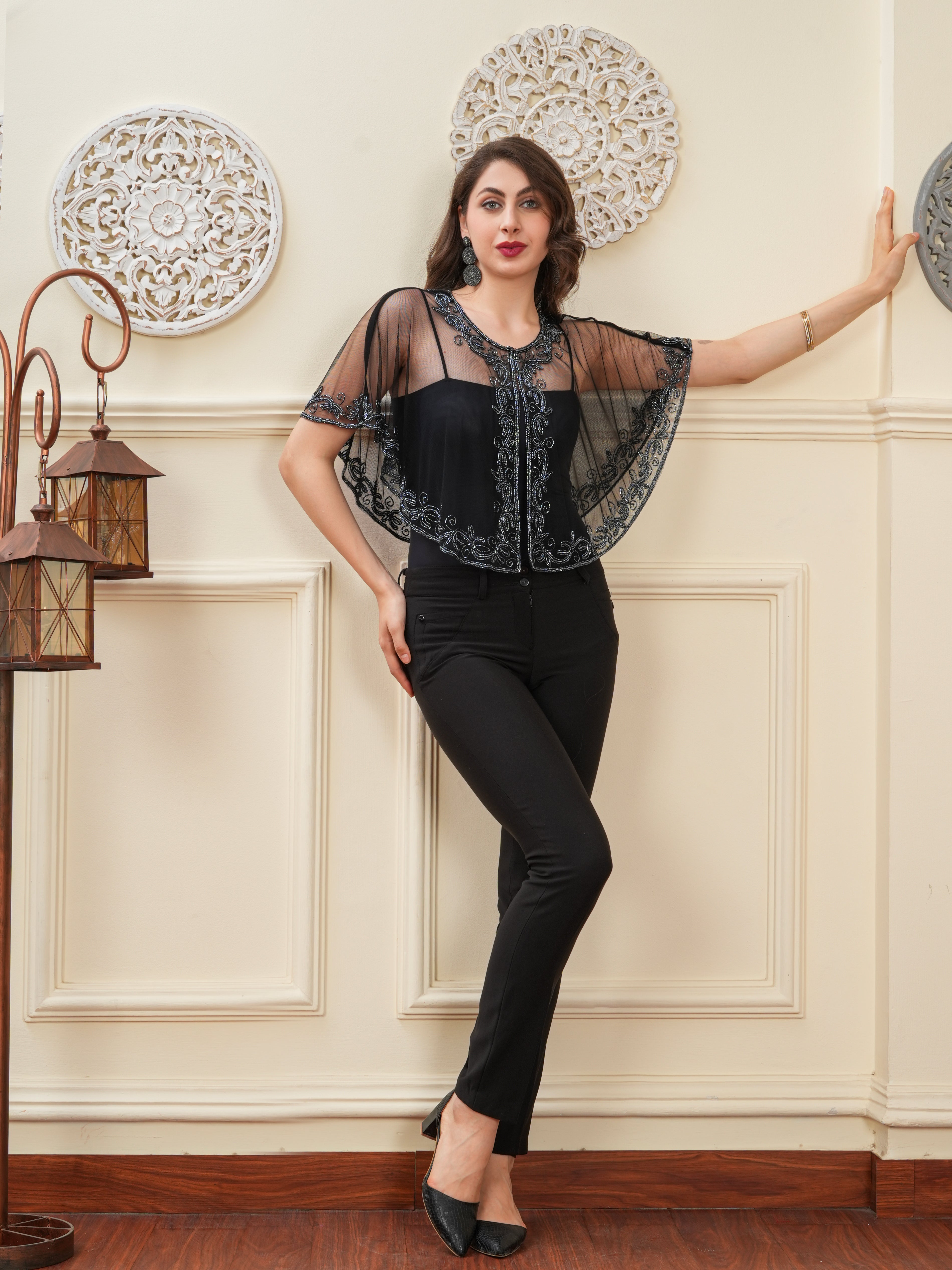 Black Embellished Gun Metal Work Shrug