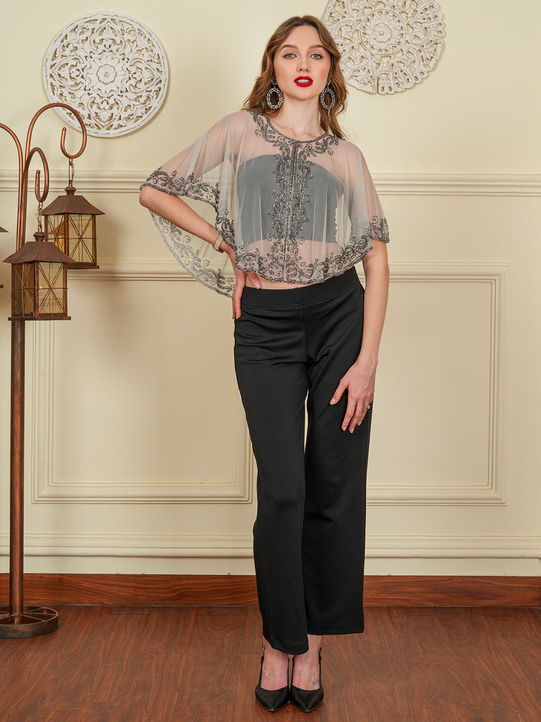 Beige Embellished Cape Shrug