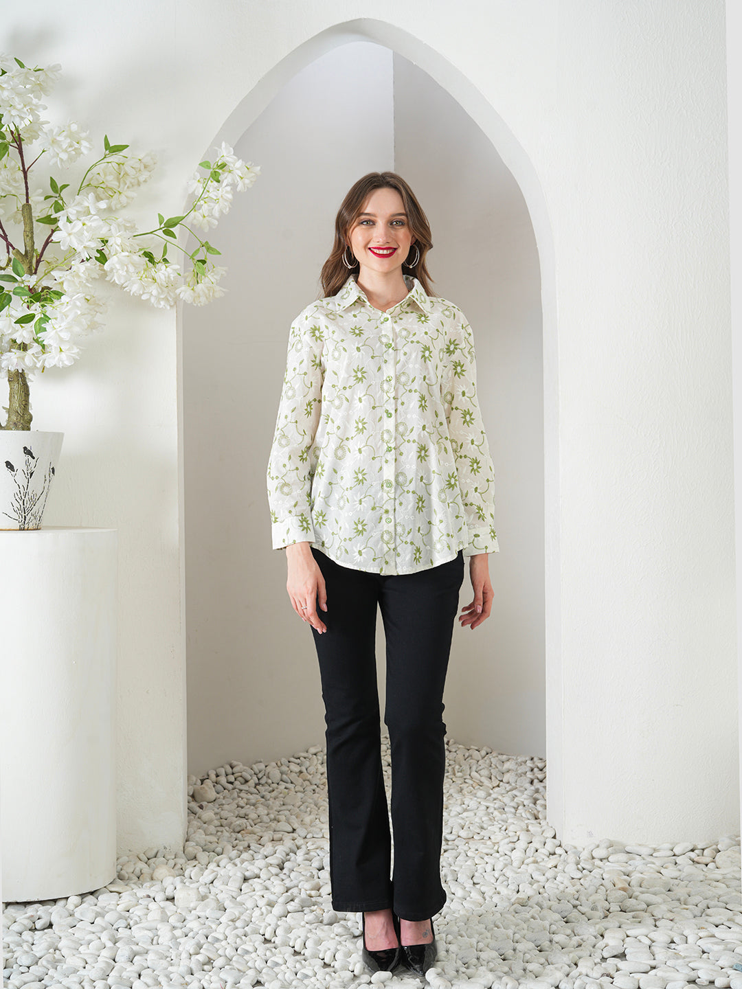 Green Designer Schiffli Shirt