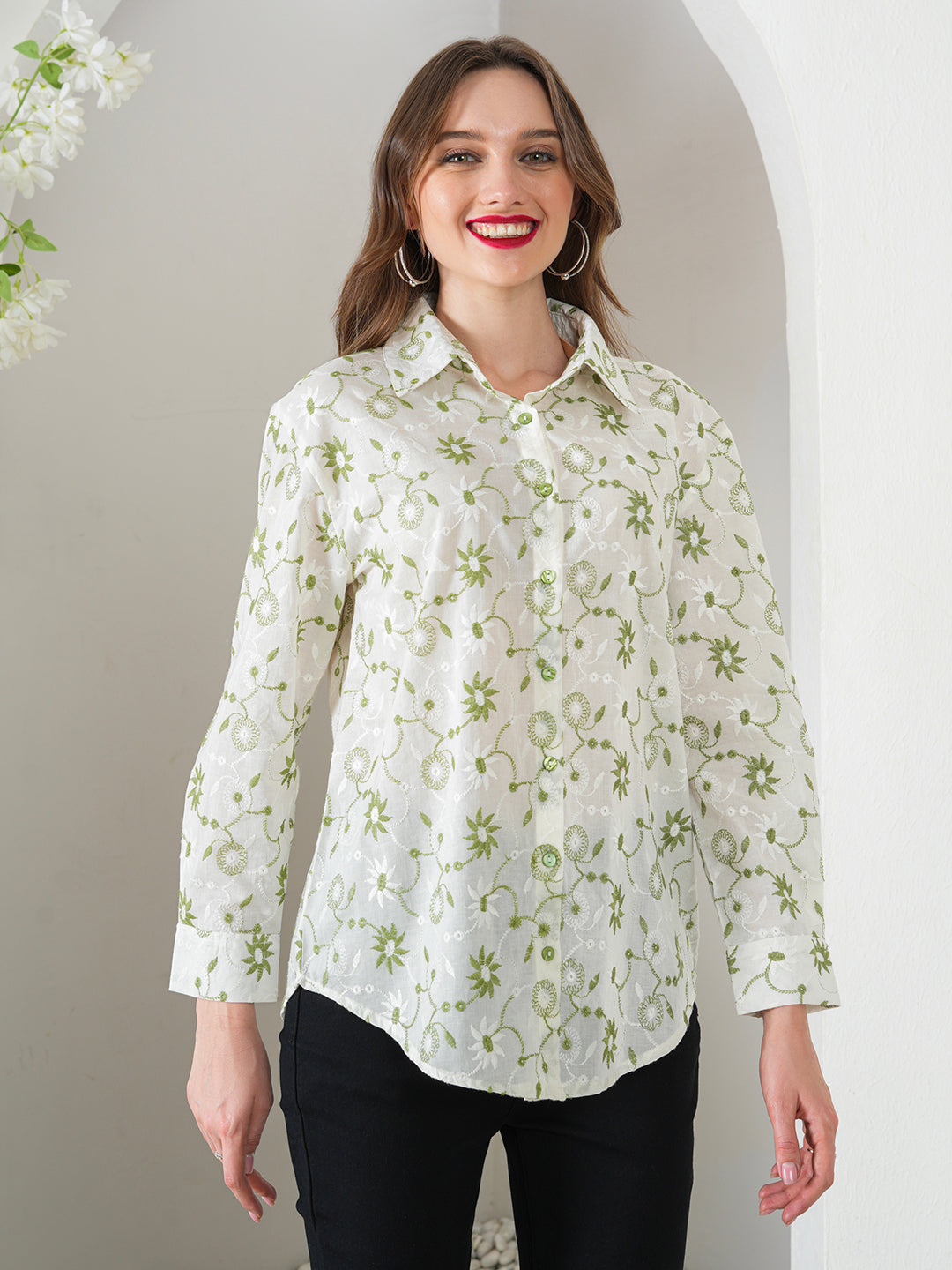 Green Designer Schiffli Shirt