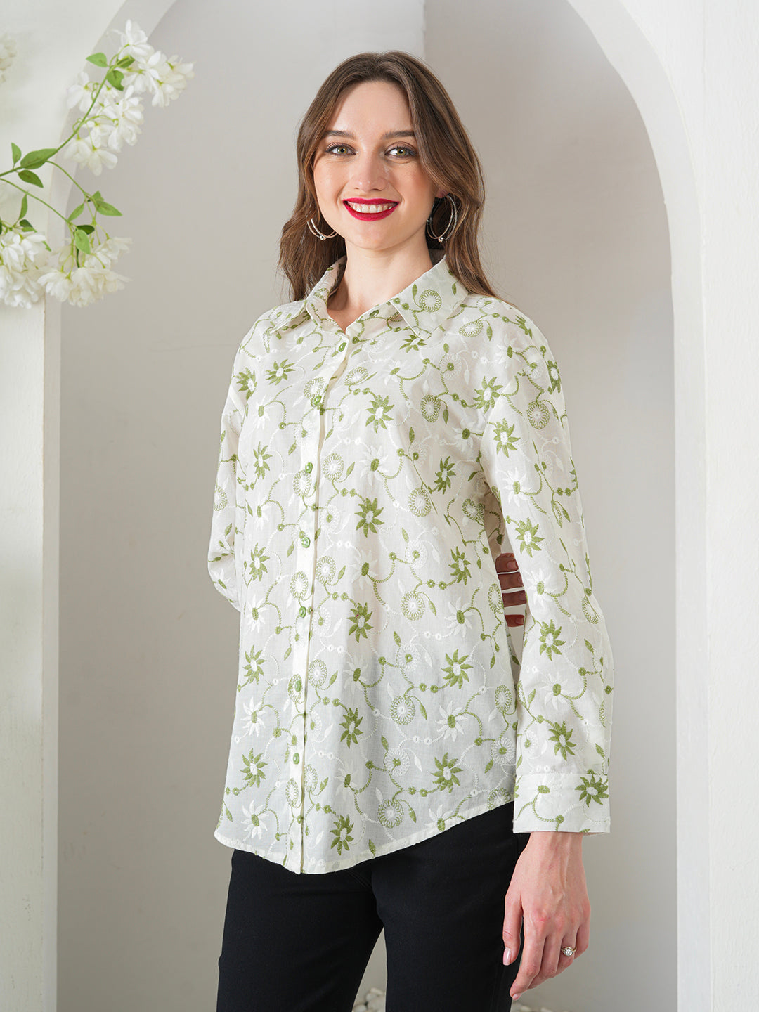 Green Designer Schiffli Shirt