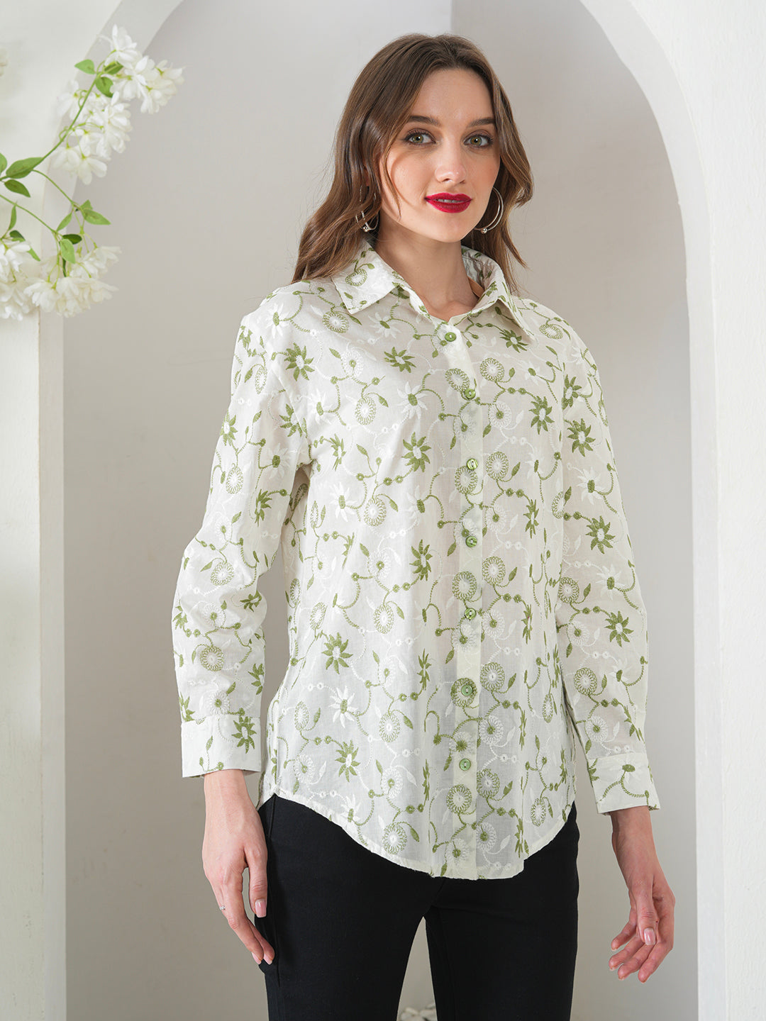Green Designer Schiffli Shirt