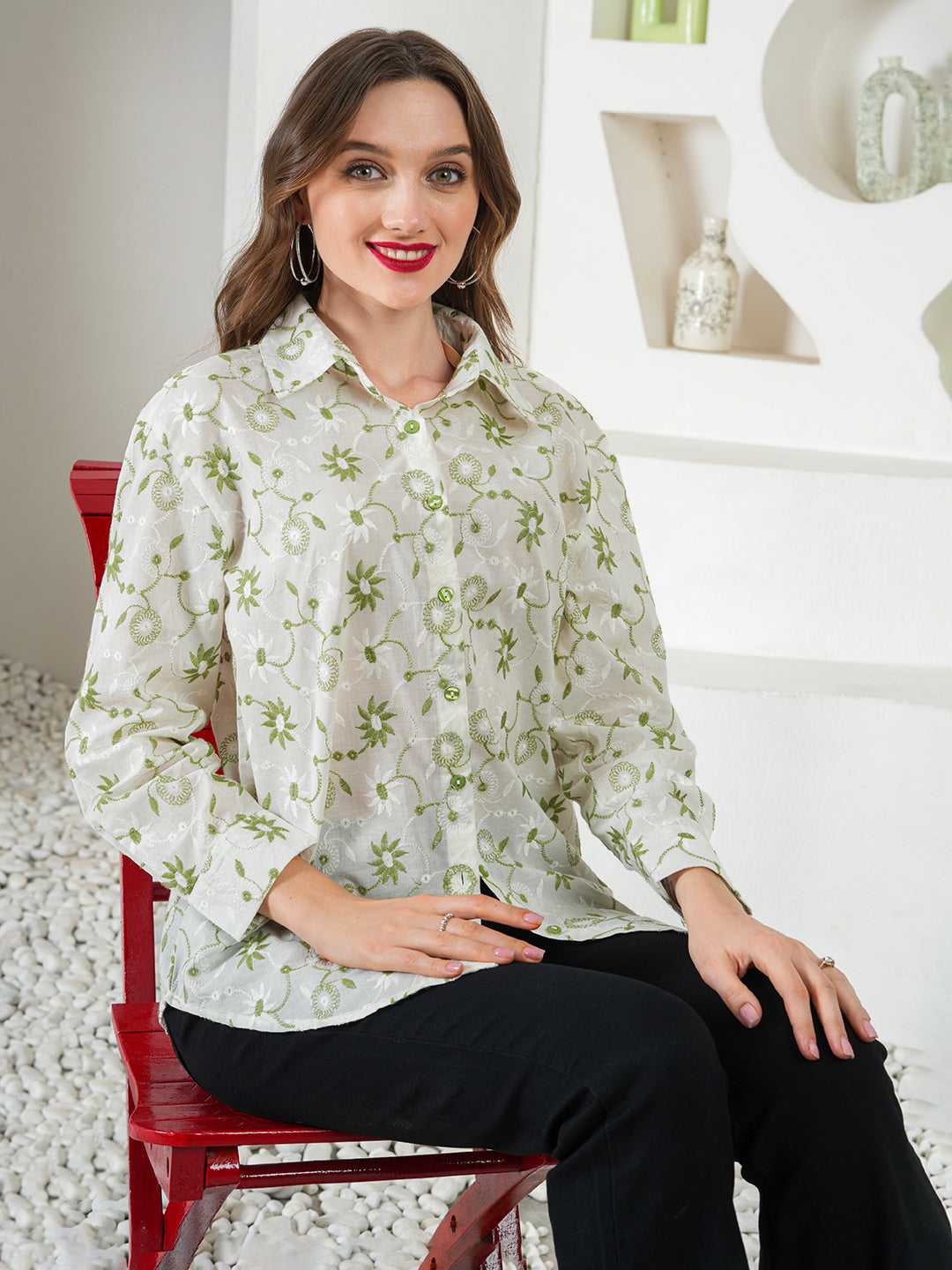 Green Designer Schiffli Shirt