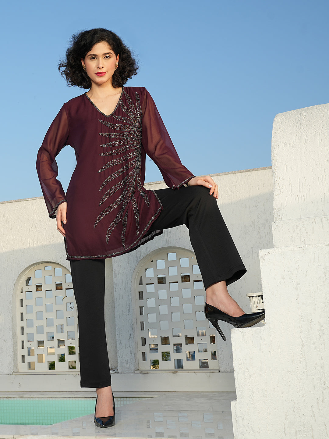 Husna Embellished V Neck Kurti