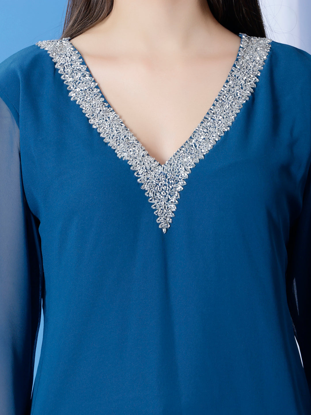 Blue Embellished V Neck Kurti (With Lining)