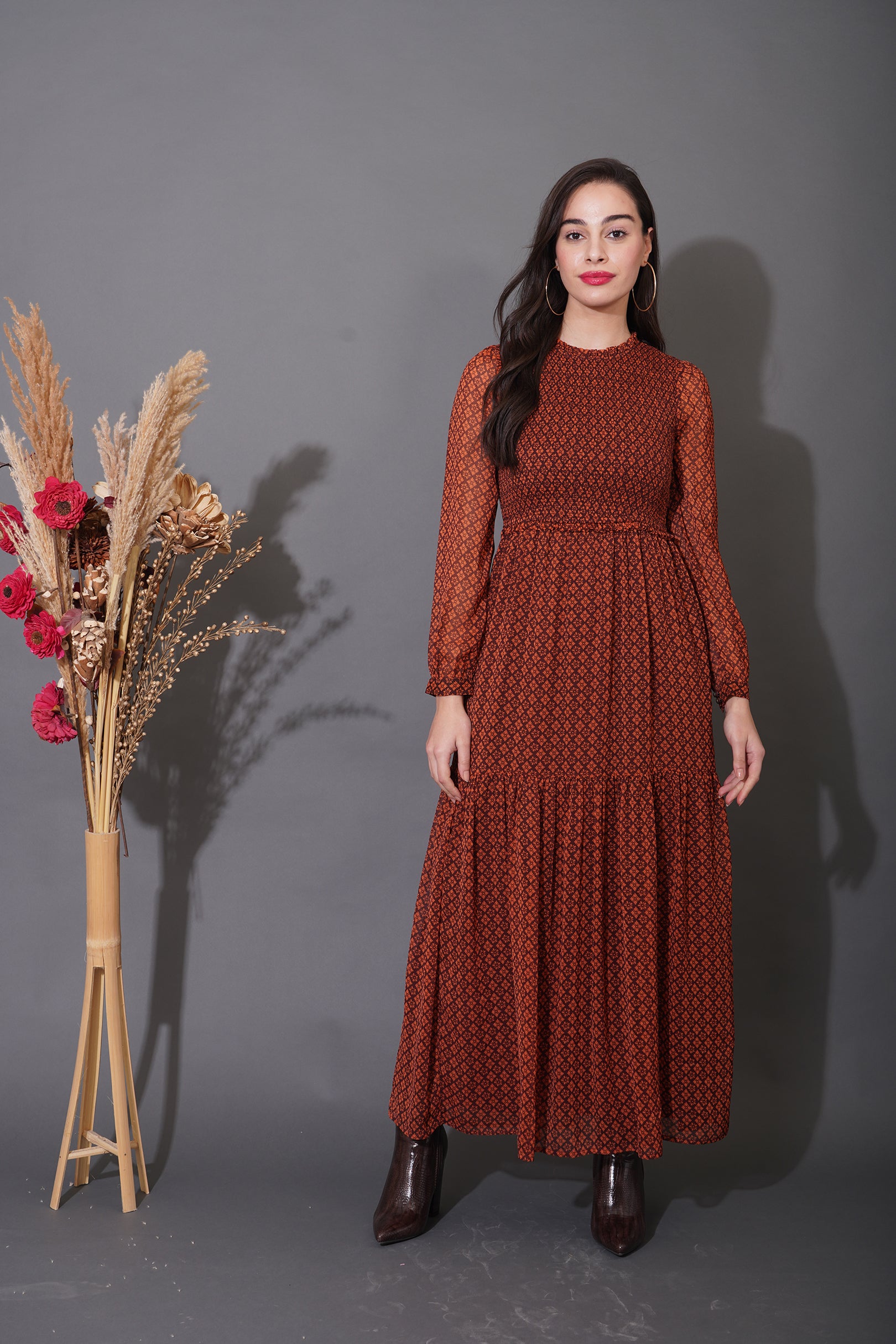 Rust Smocked Maxi Dress