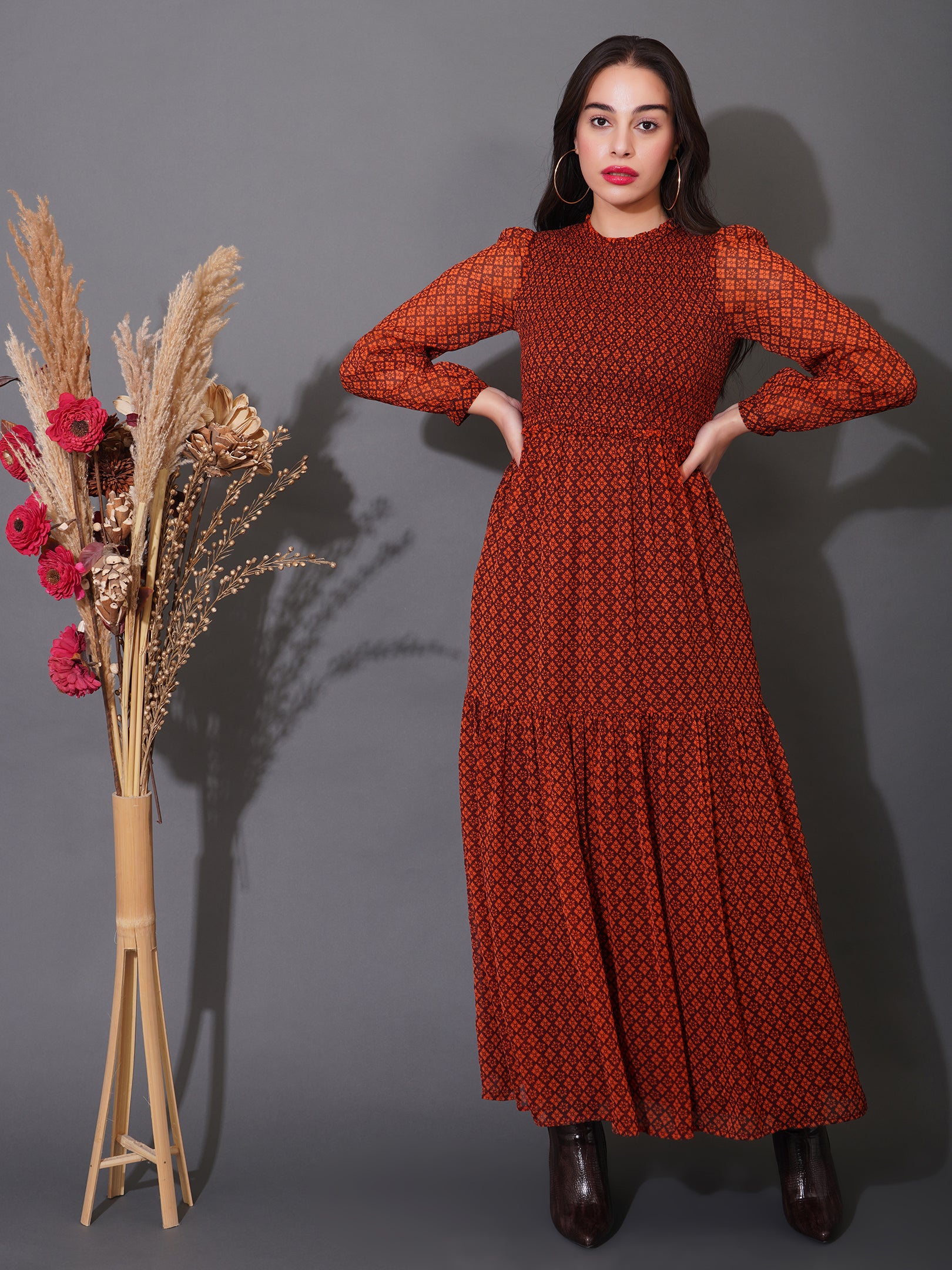 Rust Smocked Maxi Dress