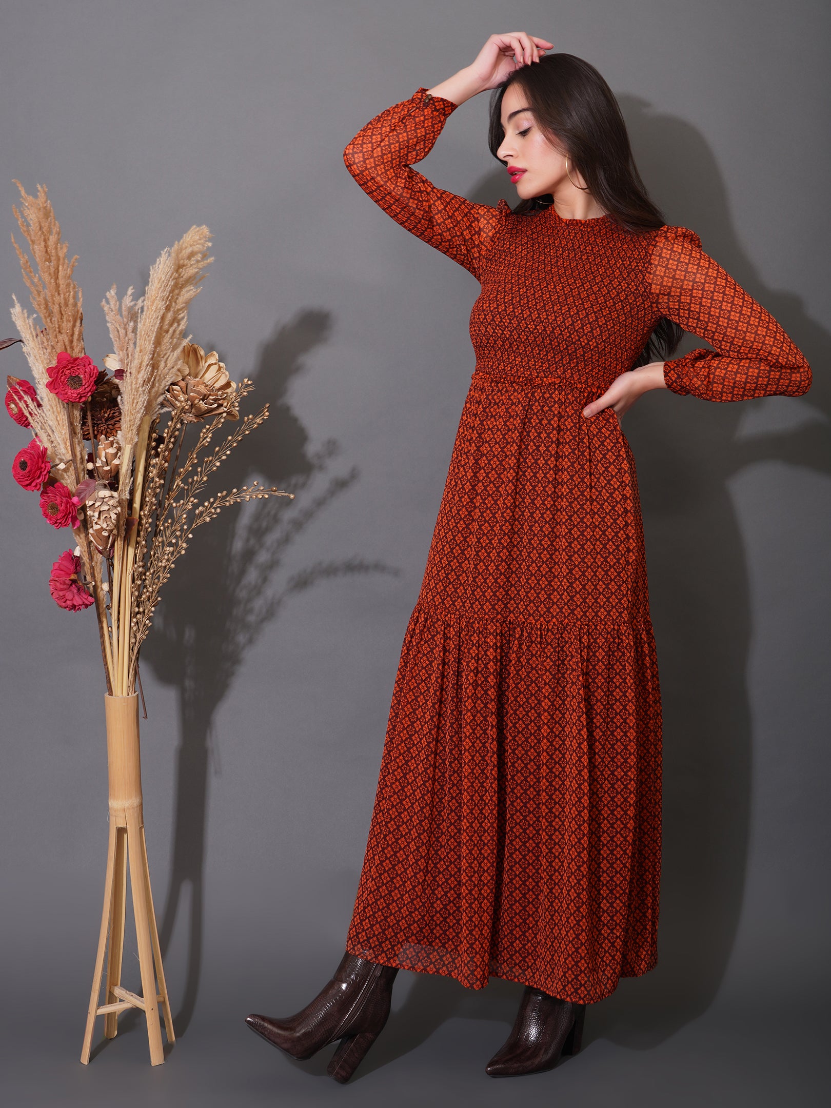 Rust Smocked Maxi Dress