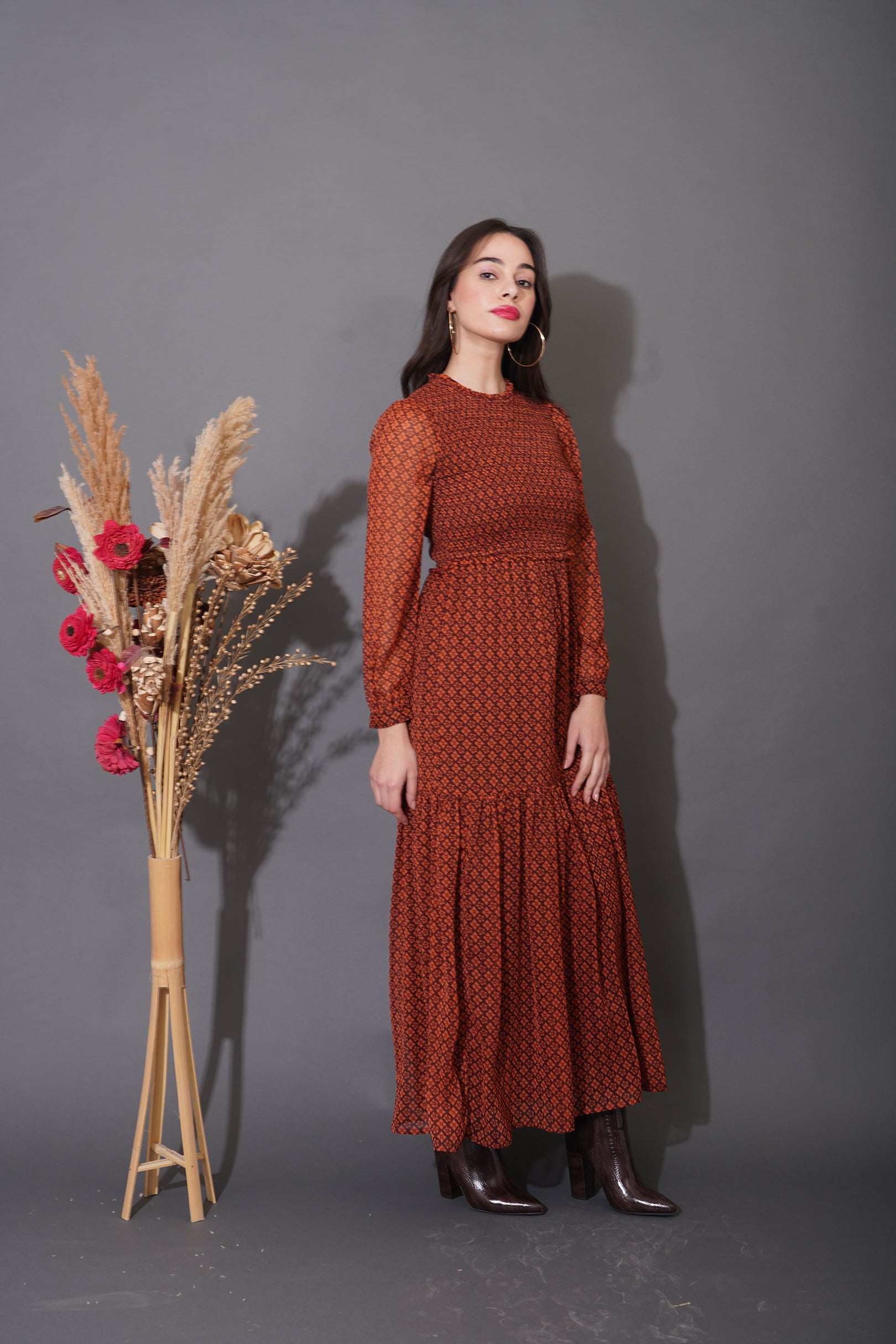 Rust Smocked Maxi Dress