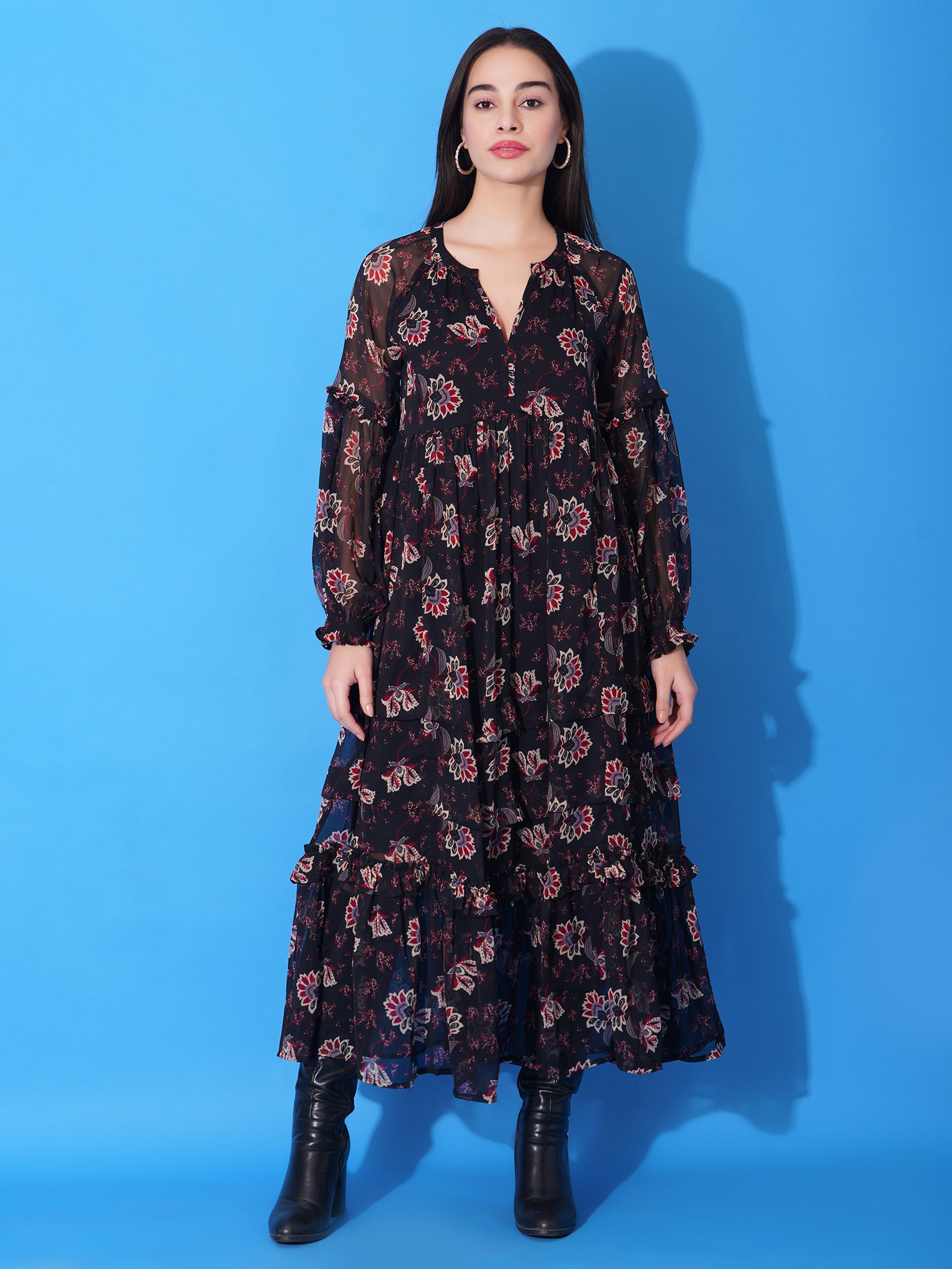 Black Floral Flayered Maxi Dress
