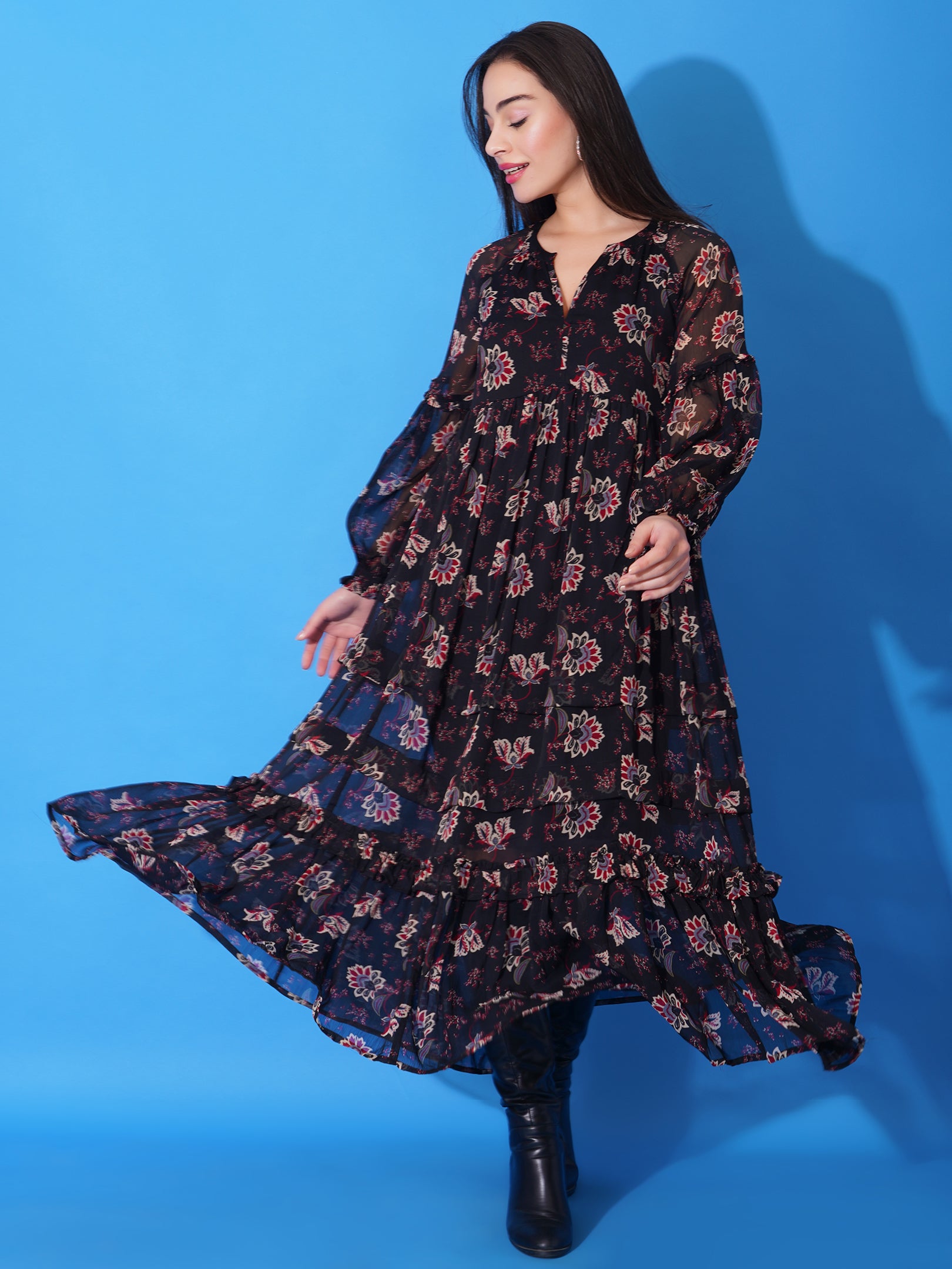 Black Floral Flayered Maxi Dress