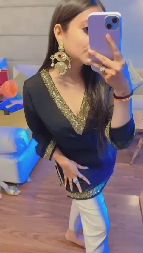 Black Embellished V Neck Kurti (With Lining)