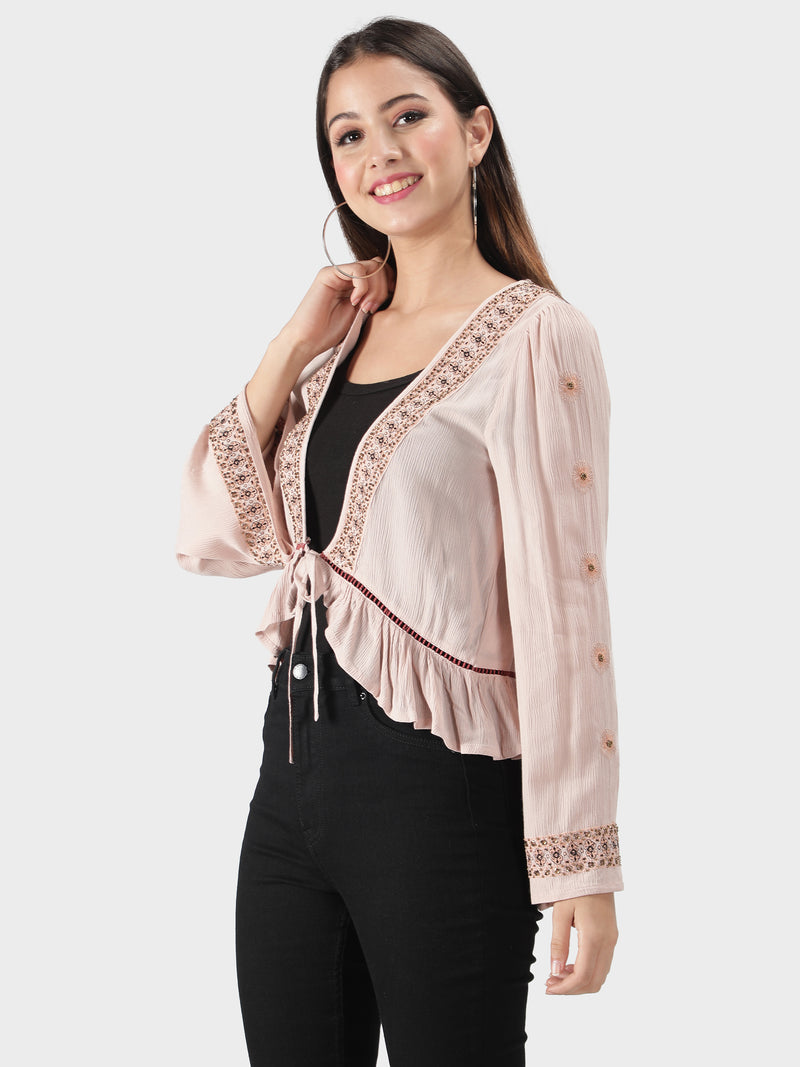 Surkh Ajrakh Peplum Short Shrug / Jacket With Spaghetti Crop Top And Pants  - Tilohri