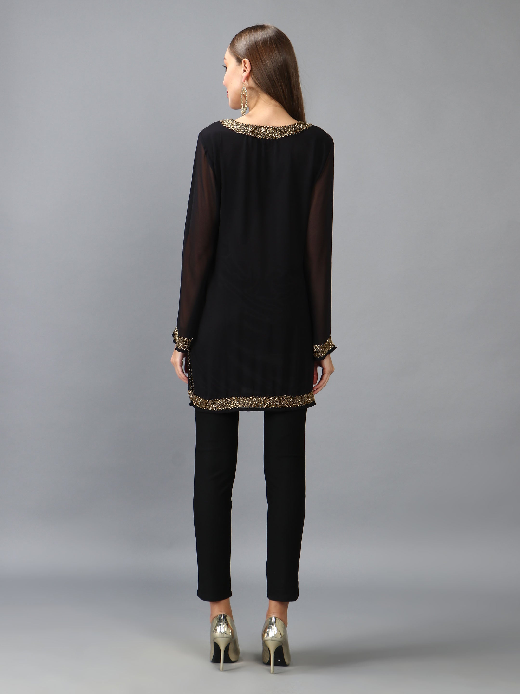 Black Embellished V Neck Kurti (With Lining)