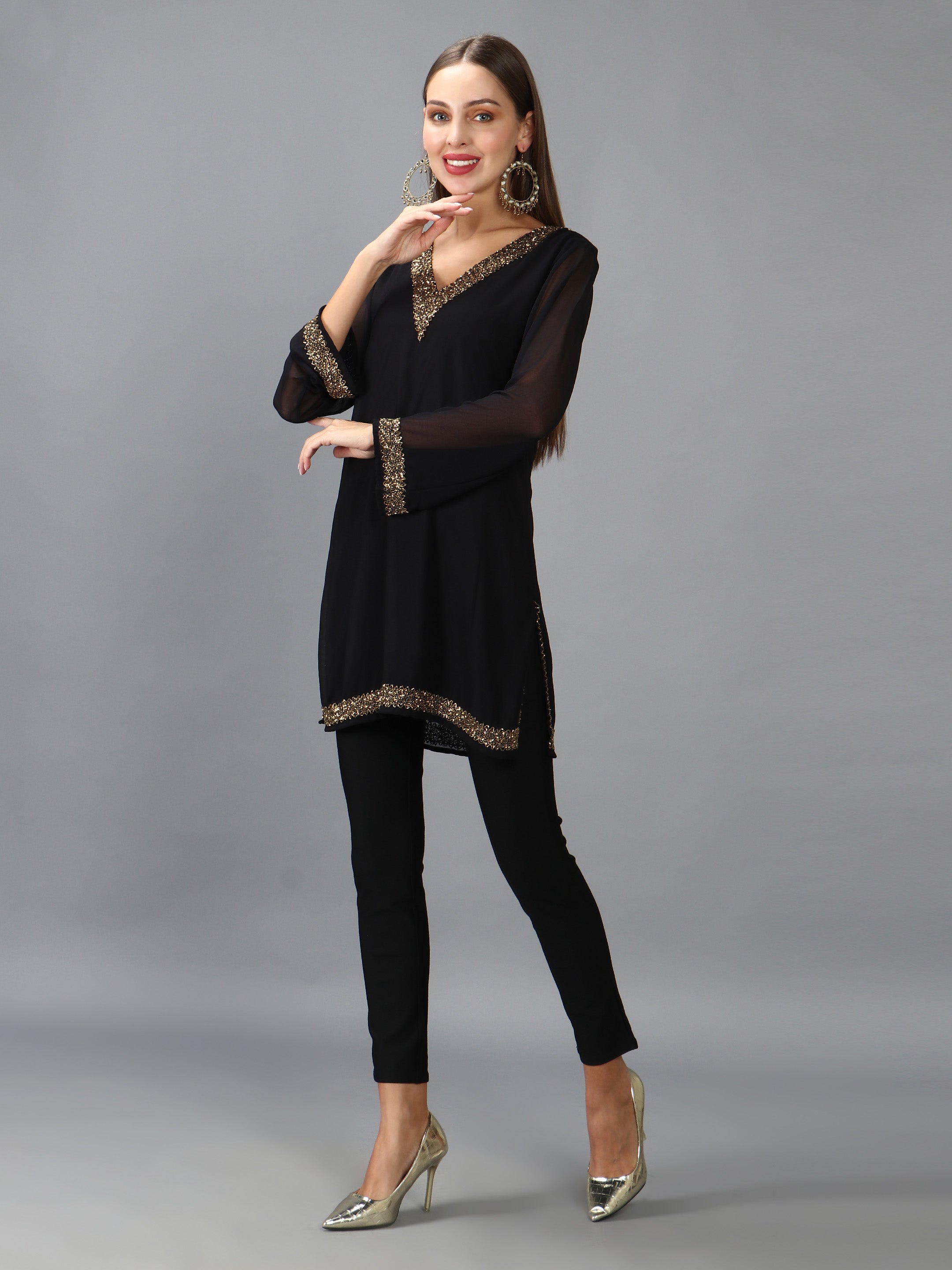 Black Embellished V Neck Kurti (With Lining)