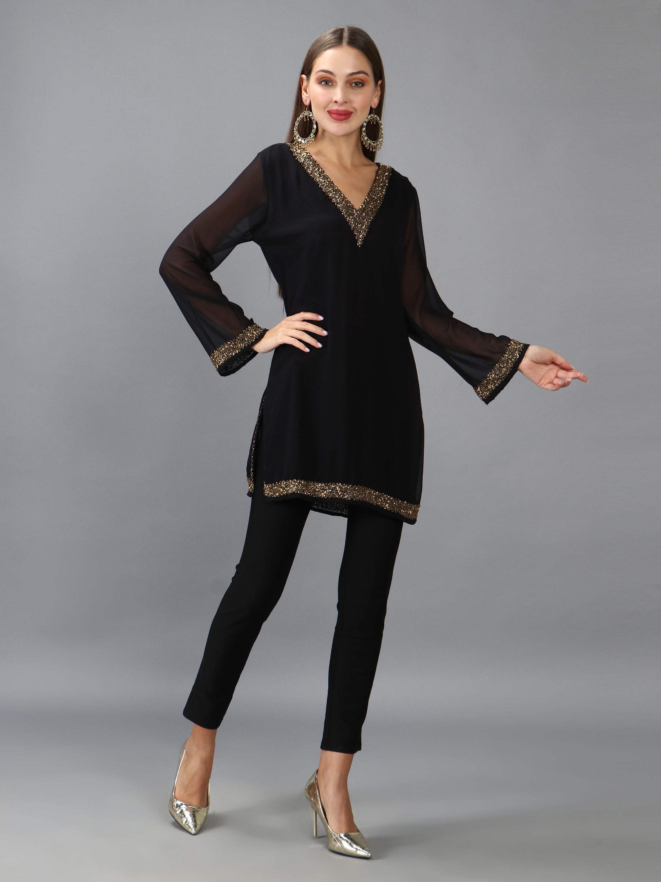 Black Embellished V Neck Kurti (With Lining)