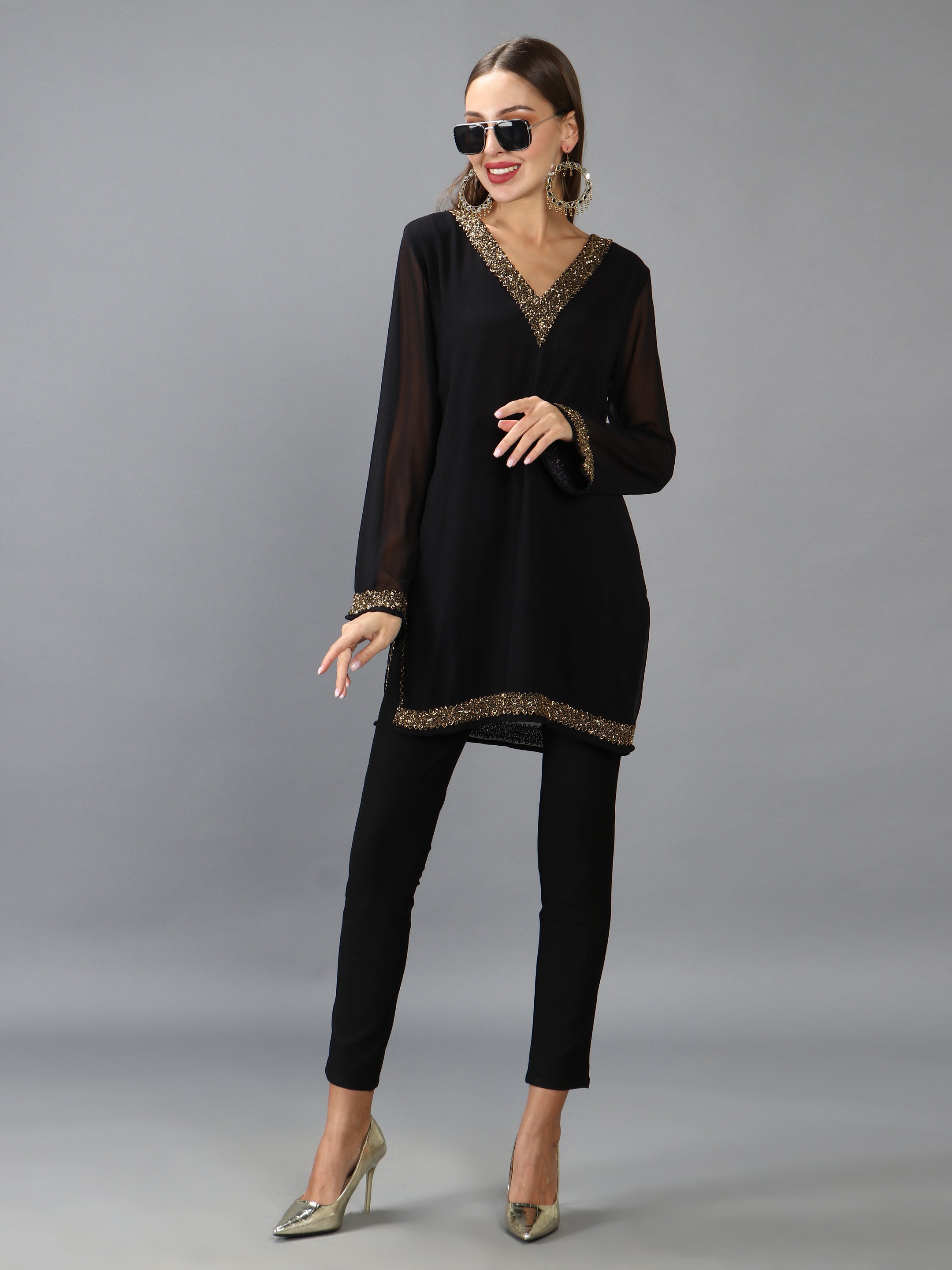 Black Embellished V Neck Kurti (With Lining)