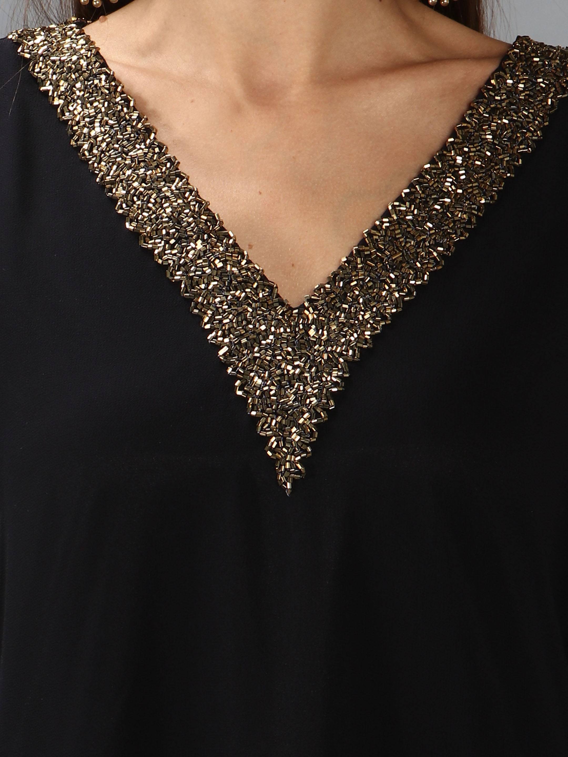 Black Embellished V Neck Kurti (With Lining)
