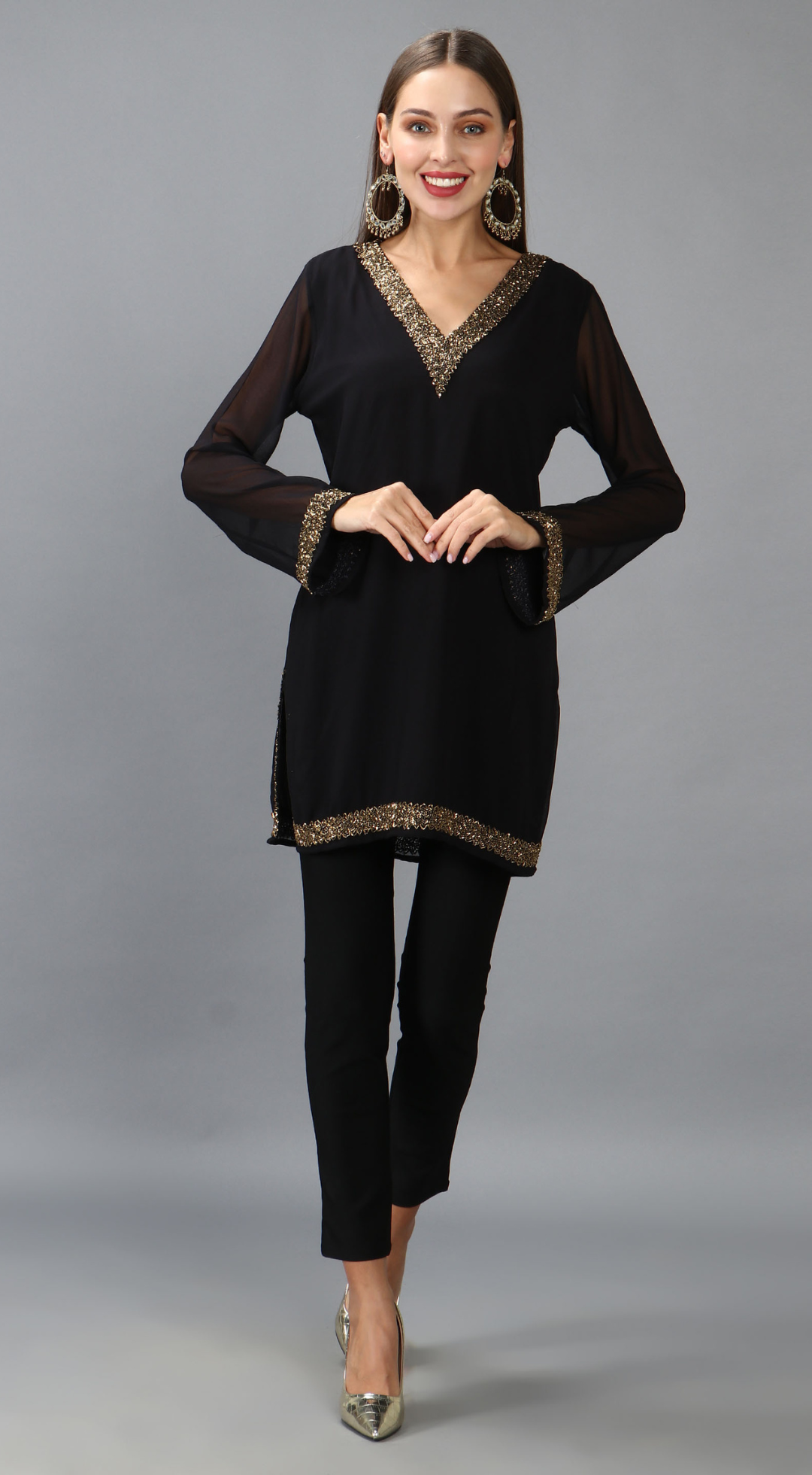 Black Embellished V Neck Kurti (With Lining)