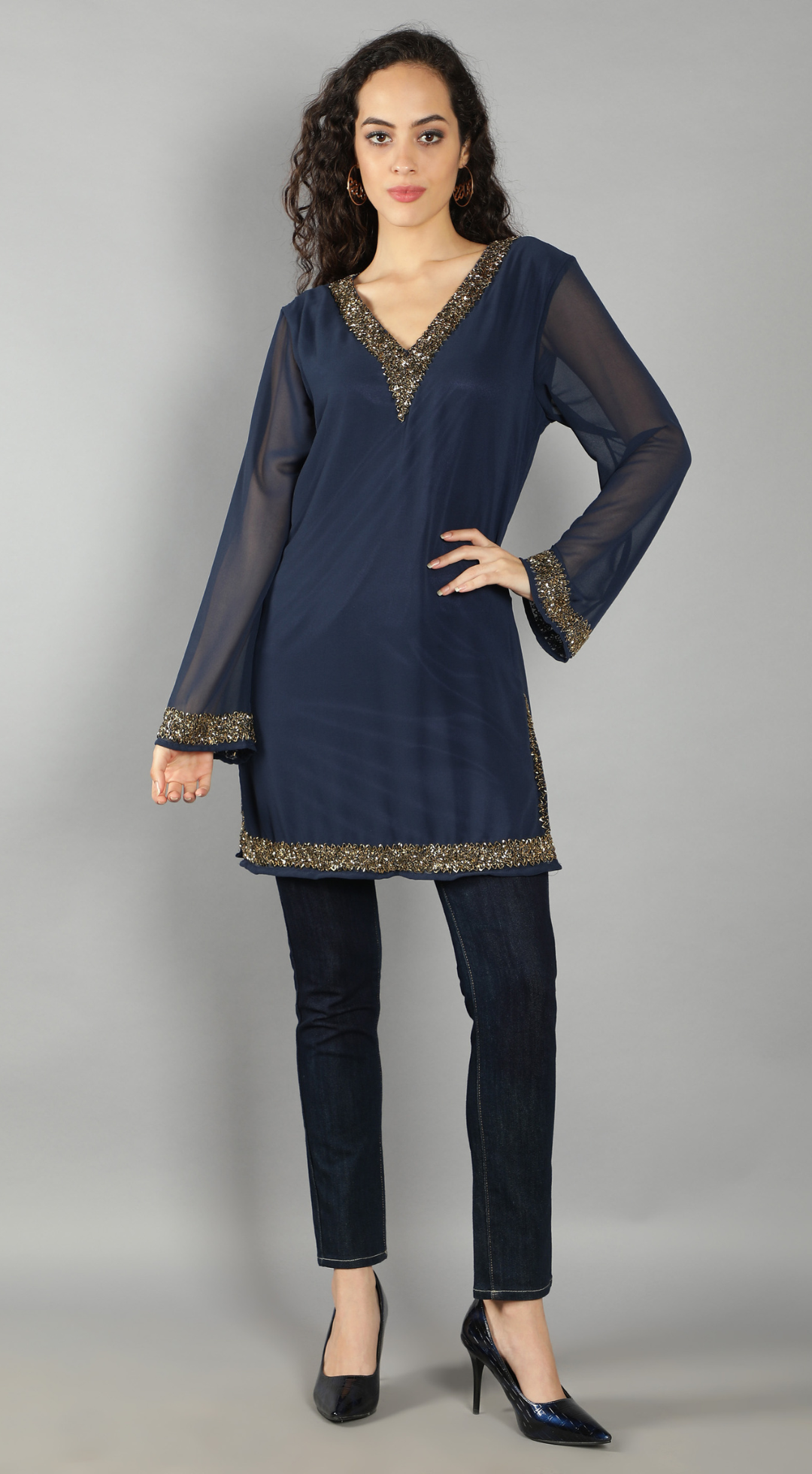 Navy Embellished V Neck Kurti (With Lining)